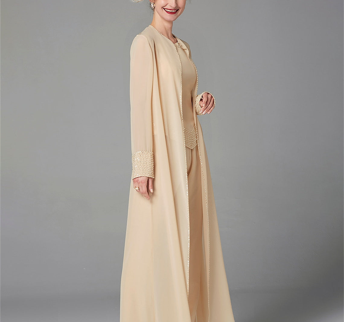 Mother Of The Bride Pantsuit With Jacket And Sequins Long Sleeve Chiffon