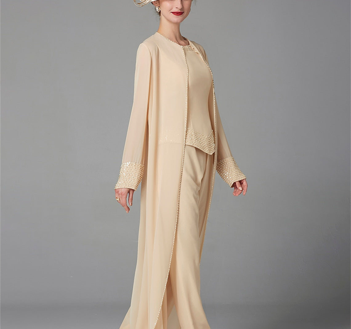 Mother Of The Bride Pantsuit With Jacket And Sequins Long Sleeve Chiffon