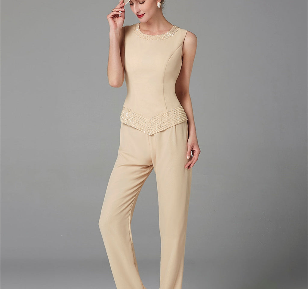 Mother Of The Bride Pantsuit With Jacket And Sequins Long Sleeve Chiffon