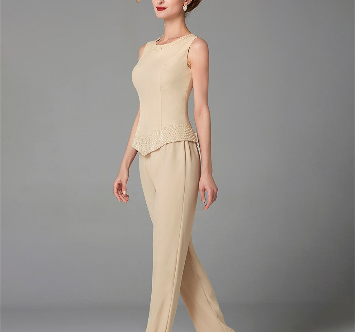 Mother Of The Bride Pantsuit With Jacket And Sequins Long Sleeve Chiffon