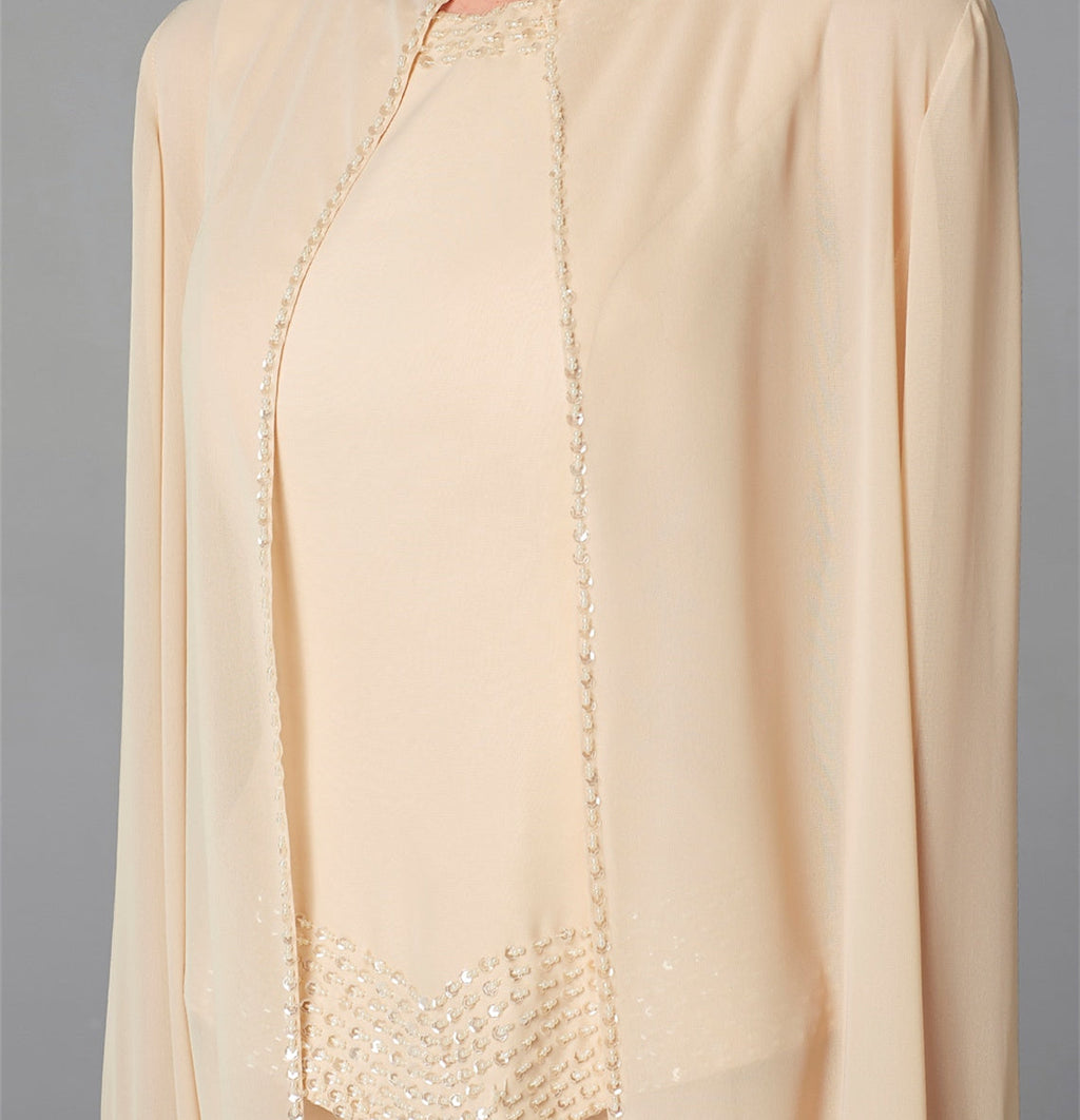 Mother Of The Bride Pantsuit With Jacket And Sequins Long Sleeve Chiffon
