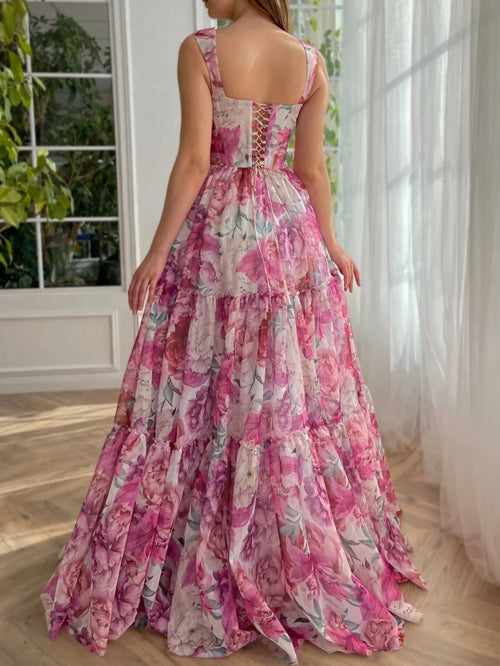 Robe de bal longue rose à fleurs en ligne A