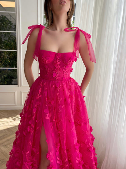 Vestido de fiesta elegante fucsia de corte A con encaje de flores 3D y abertura