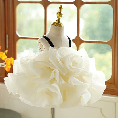 Robe de fête d'anniversaire pour bébé fille en organza à fleurs 3D jusqu'aux genoux 