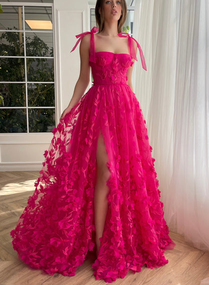 Vestido de fiesta elegante fucsia de corte A con encaje de flores 3D y abertura