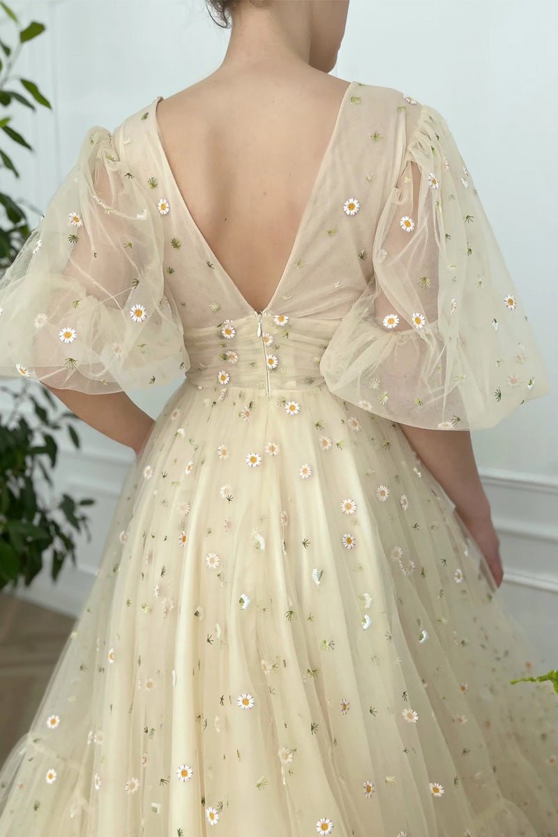 A-line V Neck Sea of Daisies Dress Engagement Ankle Length Half Sleeve High Neck Tulle with Buttons Pleats