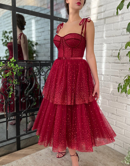 Dunkelrotes Glitzer-Homecoming-Kleid aus Tüll