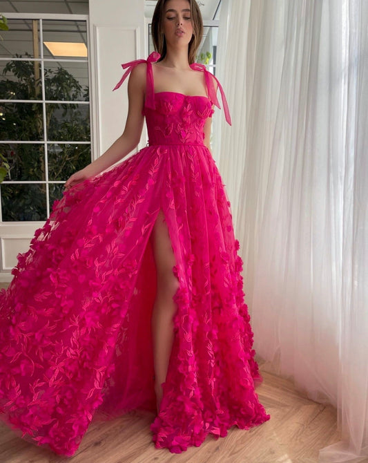 Vestido de fiesta elegante fucsia de corte A con encaje de flores 3D y abertura