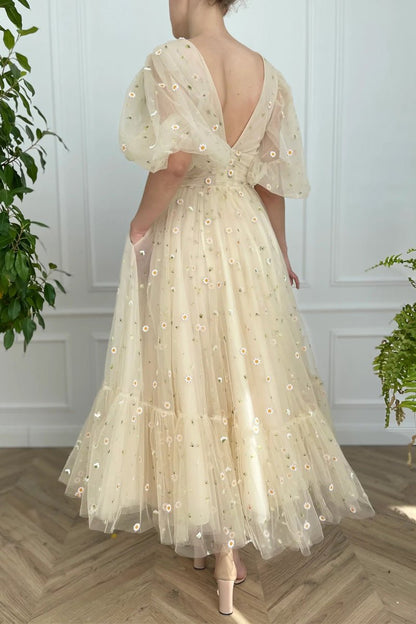 A-line V Neck Sea of Daisies Dress Engagement Ankle Length Half Sleeve High Neck Tulle with Buttons Pleats