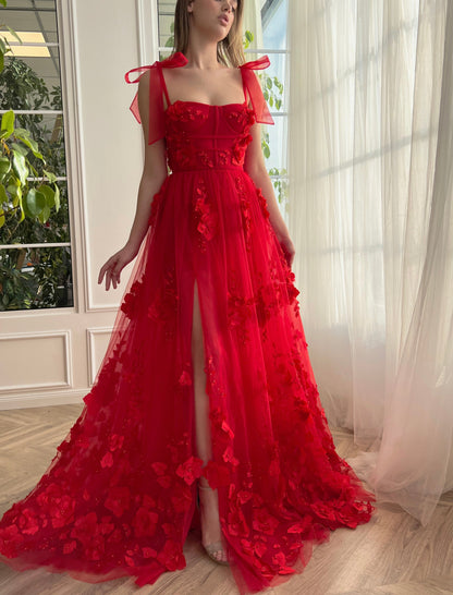 Vestido de fiesta largo con encaje escarlata, corte A, flores 3D y abertura