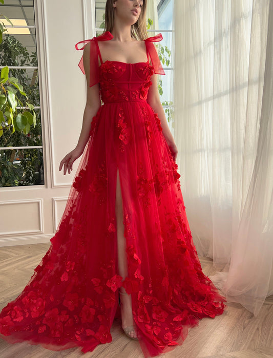 Vestido de fiesta largo con encaje escarlata, corte A, flores 3D y abertura