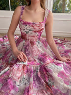 Robe de bal longue rose à fleurs en ligne A