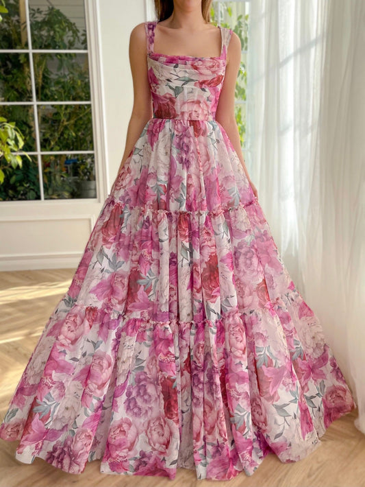 Langes rosa Ballkleid in A-Linie mit Blumenmuster 