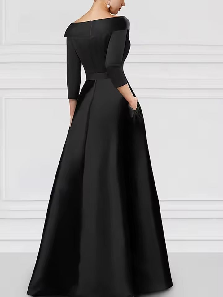 Vestido de Cetim para Noite com Gola de Smoking | Vestido Formal de Manga Curta com Fenda Alta e Aplicação