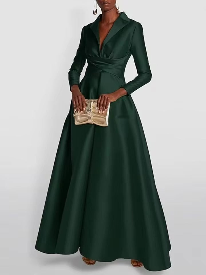 Vestido de Baile em Cetim com Gola de Fraque | Vestido Comprido Formal de Manga Comprida com Corpete Franzido