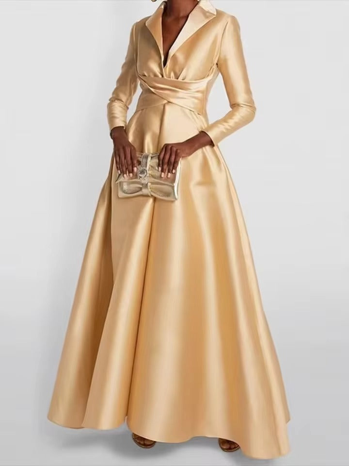 Vestido de Baile em Cetim com Gola de Fraque | Vestido Comprido Formal de Manga Comprida com Corpete Franzido
