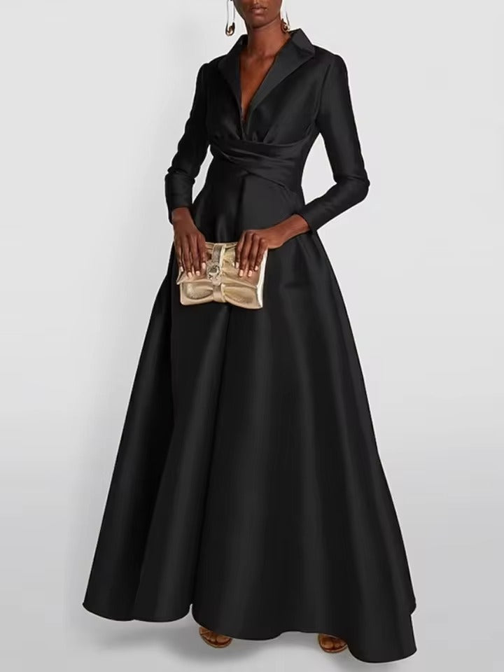 Vestido de Baile em Cetim com Gola de Fraque | Vestido Comprido Formal de Manga Comprida com Corpete Franzido