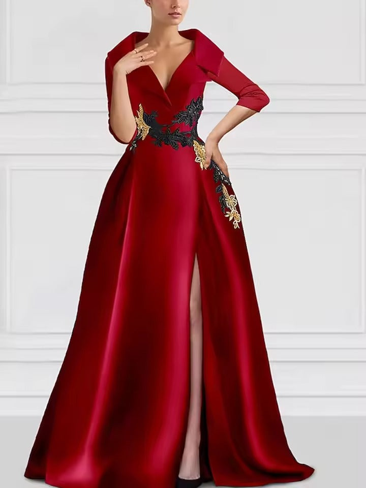 Vestido de Cetim para Noite com Gola de Smoking | Vestido Formal de Manga Curta com Fenda Alta e Aplicação