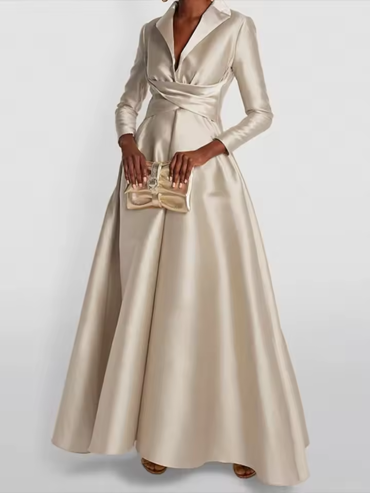 Vestido de Baile em Cetim com Gola de Fraque | Vestido Comprido Formal de Manga Comprida com Corpete Franzido