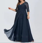 Vestido de noite formal em chiffon com aplicação de renda para tamanhos grandes | Vestido formal de meia manga com decote em V