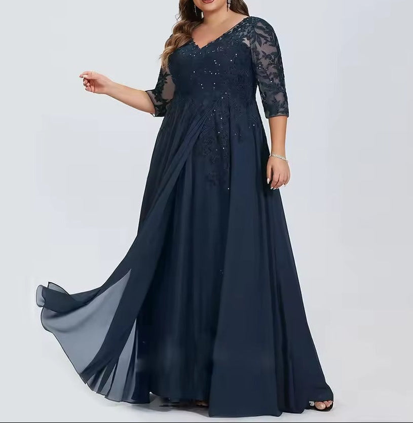 Vestido de noite formal em chiffon com aplicação de renda para tamanhos grandes | Vestido formal de meia manga com decote em V