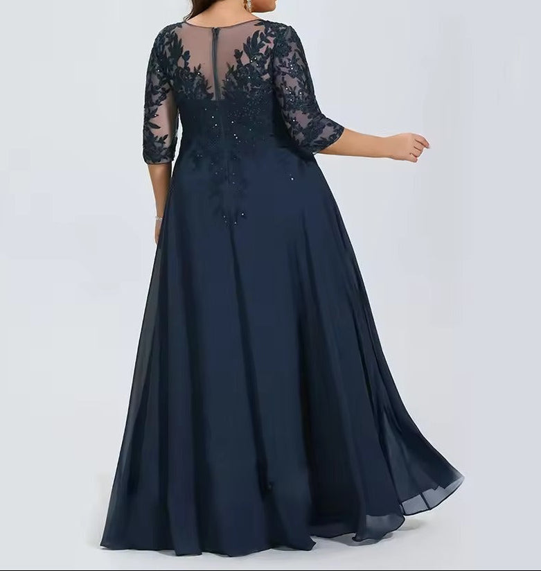 Vestido de noite formal em chiffon com aplicação de renda para tamanhos grandes | Vestido formal de meia manga com decote em V