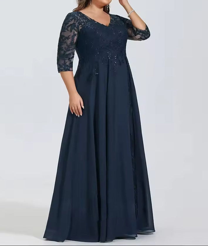 Vestido de noite formal em chiffon com aplicação de renda para tamanhos grandes | Vestido formal de meia manga com decote em V