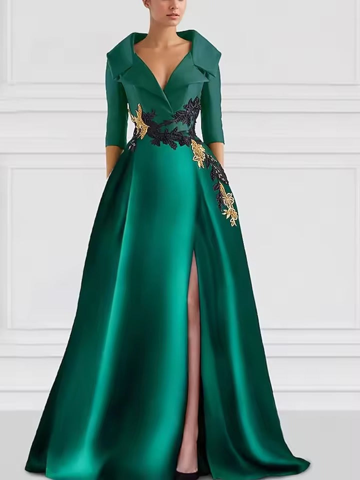 Vestido de Cetim para Noite com Gola de Smoking | Vestido Formal de Manga Curta com Fenda Alta e Aplicação