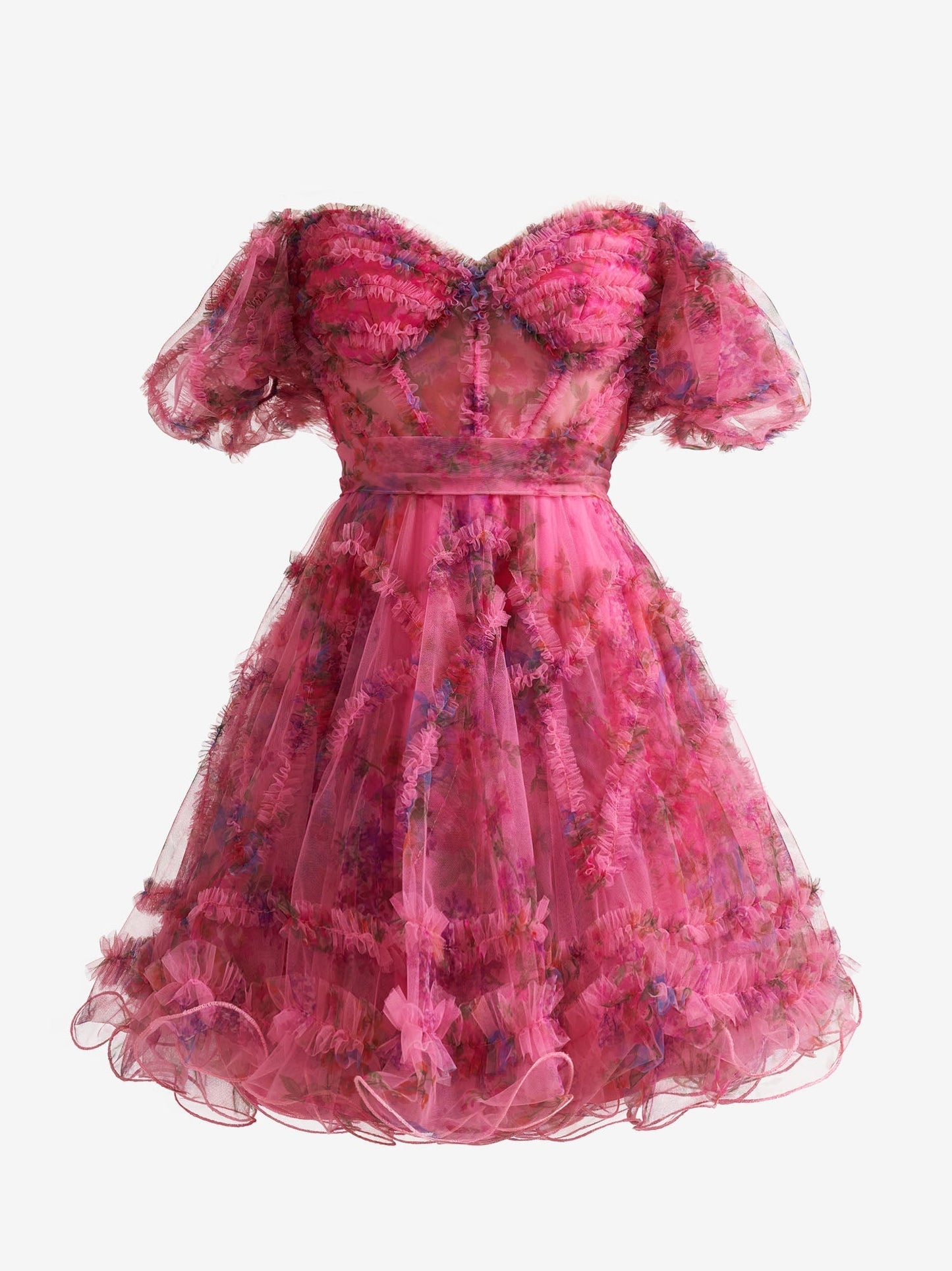 Vestido de fiesta con estampado floral y hombros descubiertos