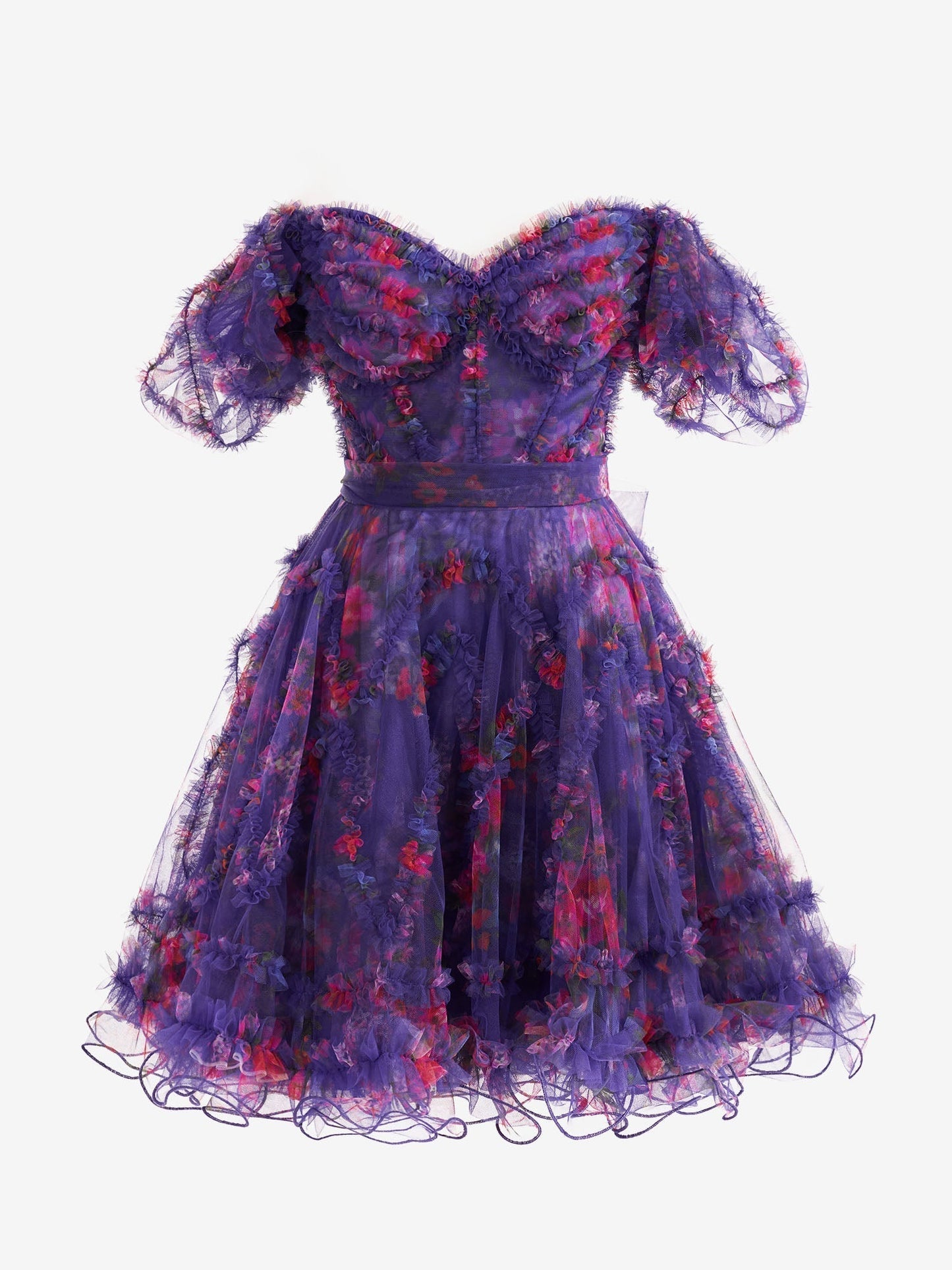 Vestido de fiesta con estampado floral y hombros descubiertos