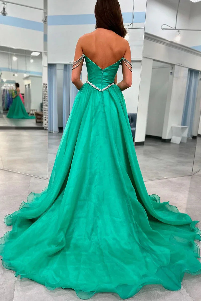 Ivayla | Abito da sera lungo verde in tulle senza spalline con perline e spacco