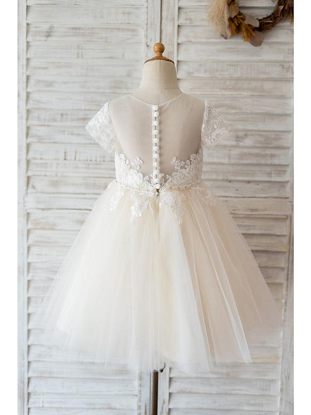 Ivory Ball Gown Flower Girl Floor Length Dress With Jewel Neck And Lace