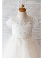 Ivory Ball Gown Flower Girl Floor Length Dress With Jewel Neck And Lace