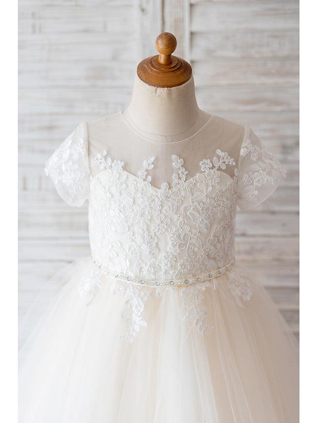 Ivory Ball Gown Flower Girl Floor Length Dress With Jewel Neck And Lace
