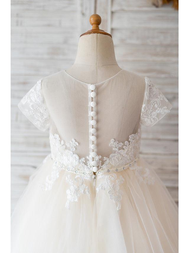 Ivory Ball Gown Flower Girl Floor Length Dress With Jewel Neck And Lace