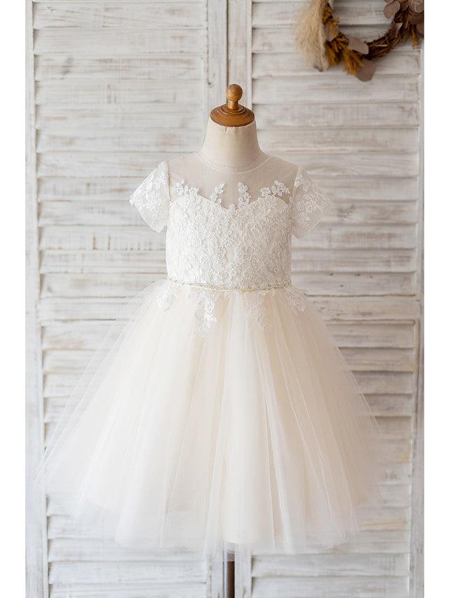 Ivory Ball Gown Flower Girl Floor Length Dress With Jewel Neck And Lace