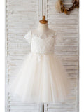 Ivory Ball Gown Flower Girl Floor Length Dress With Jewel Neck And Lace