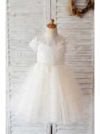 Ivory Ball Gown Flower Girl Floor Length Dress With Jewel Neck And Lace