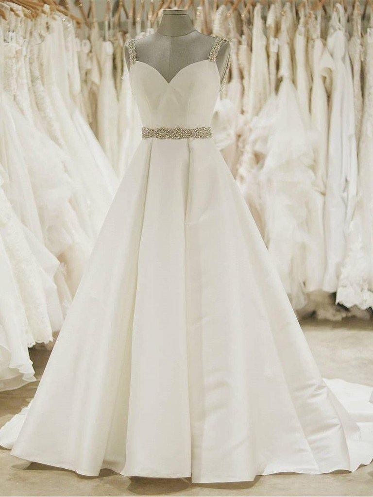 Elfenbein Ballkleid Brautkleider Spaghettiträger Perlen Brautkleid