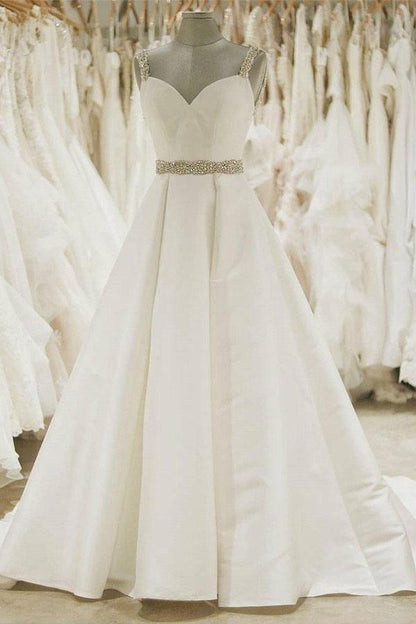 Elfenbein Ballkleid Brautkleider Spaghettiträger Perlen Brautkleid