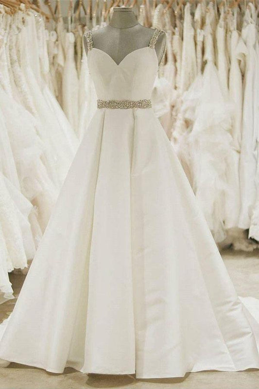 Elfenbein Ballkleid Brautkleider Spaghettiträger Perlen Brautkleid