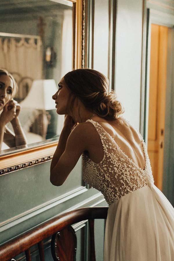 Vestidos de novia de playa color marfil, vestido de novia transparente con cuentas de perlas