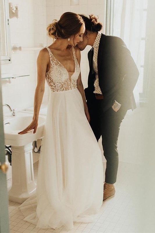 Ivory Beach Wedding Dresses See Through Pearl Beaded Wedding Dress