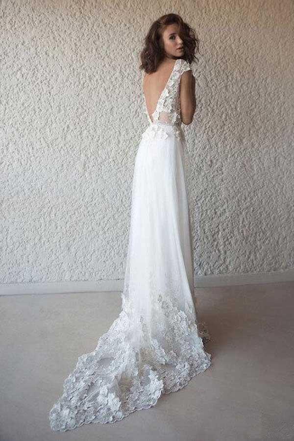 Ivory Cap Sleeve See Through Wedding Dresses Beach Bridal Dress