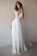 Ivory Cap Sleeve See Through Wedding Dresses Beach Bridal Dress