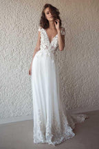 Ivory Cap Sleeve See Through Wedding Dresses Beach Bridal Dress