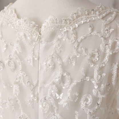 Ivory Lace and Satin V-neck Long Sleeve Beaded Wedding Dress