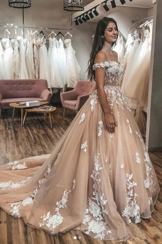 Elfenbein Spitze appliziert Champagner Off Shoulder Brautkleider Hofschleppe 