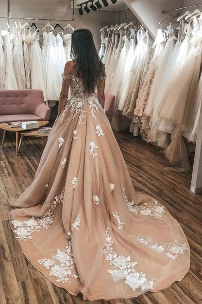 Ivory Lace Appliqued Champagne Off Shoulder Wedding Gowns Court Train