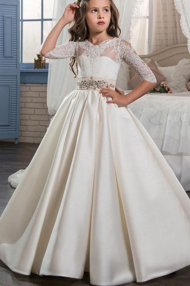 Elegant Ivory Satin Ball Gown Flower Girl Dress With Lace